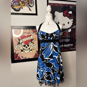 Blue & Black A-line Halter Ruffle Dress